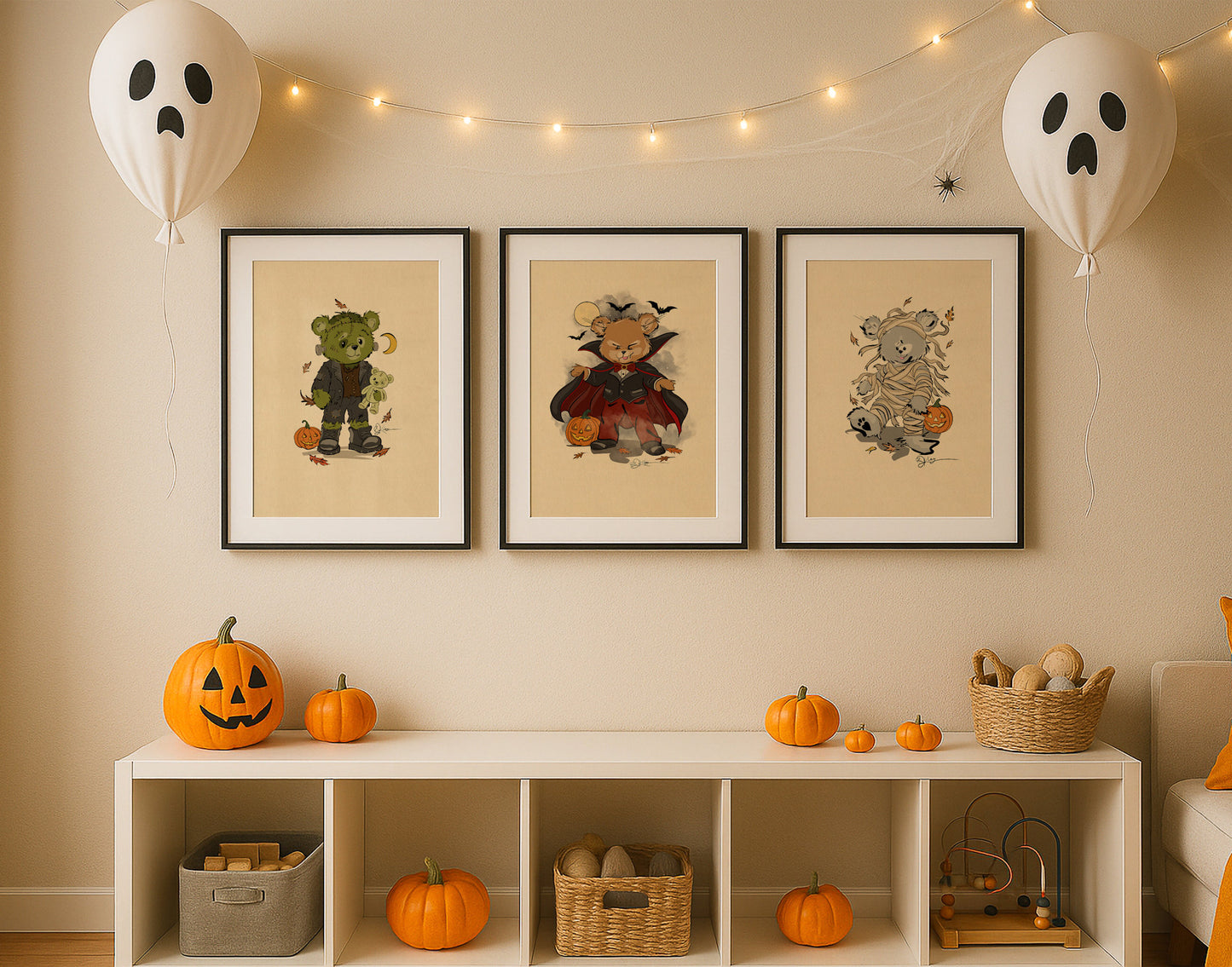A cozy, Halloween-themed room features three framed prints from The Pola Bears Halloween 2025 Collection limited edition prints. From left to right, the prints depict Pola Bears Fred, Christopher, and Boris. Below the prints, a white cubby shelf is decorated with various sizes of pumpkins and Halloween decor and two large ghost balloons floating on either side.