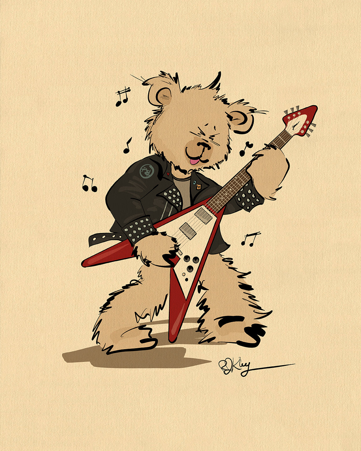 Illustration of "Bobby" the Rock Star Pola Bear playing a red electric guitar and wearing a studded leather jacket.