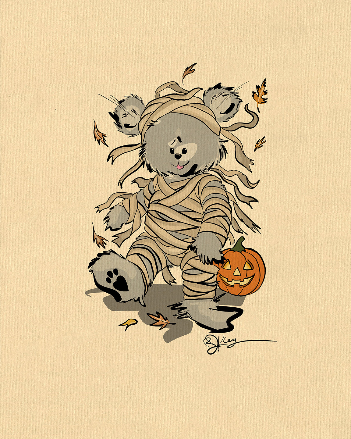 A charming illustration of a Pola Bear character named Boris, dressed as a mummy with a jack-o'-lantern, on a beige background with falling autumn leaves.