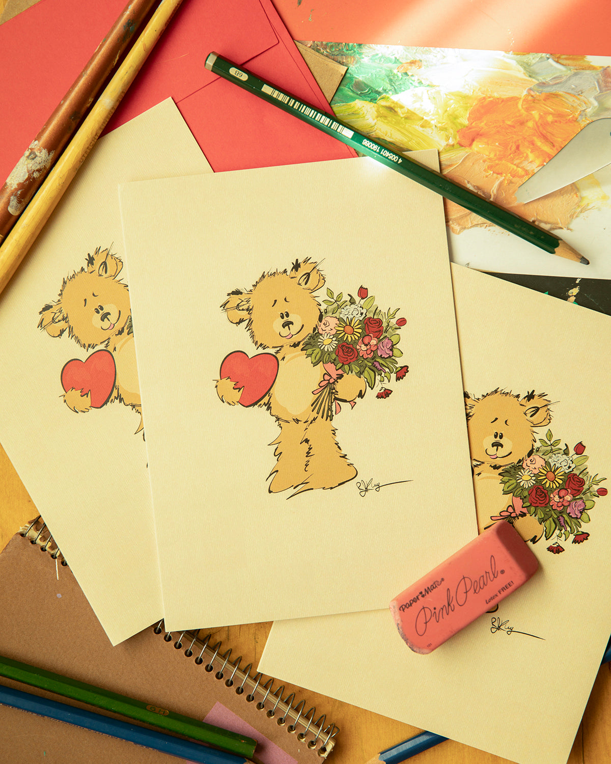 Romantic vintage-inspired Valentine's Day card illustration of a Pola Bear character holding a red heart in one arm and a bouquet of flowers in the other. Created by artist Robert John Kley.