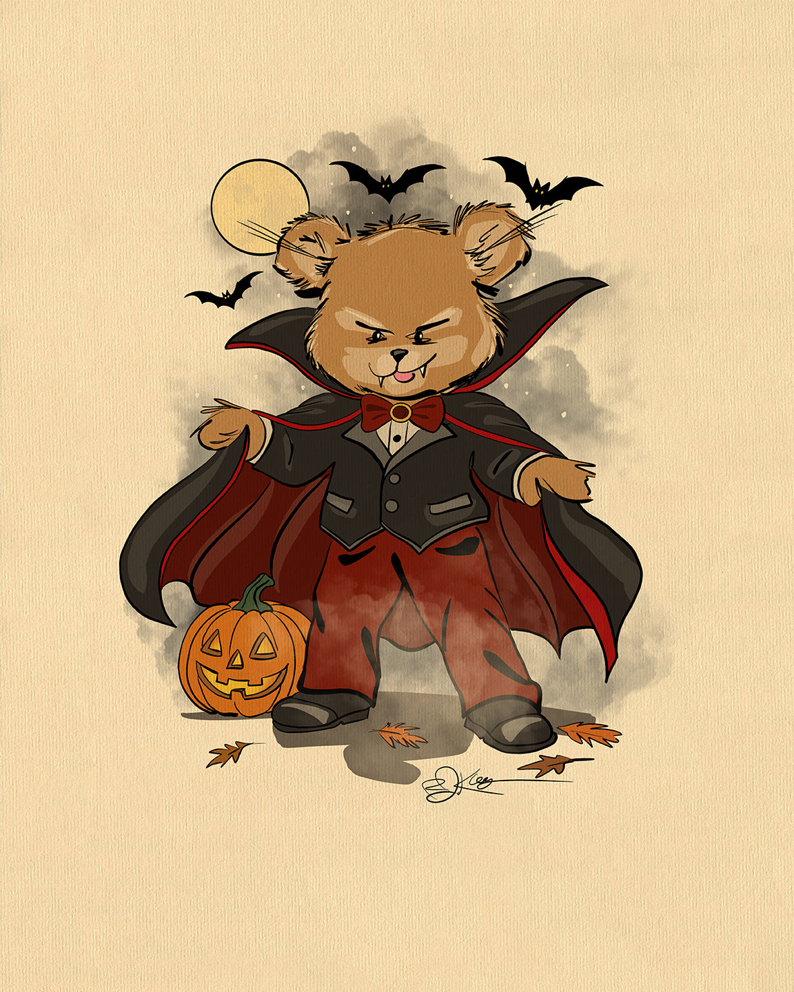 An illustration of a Pola Bear named Christopher, dressed as a vampire with a cape and bow tie, with a full moon, bats, and a jack-o'-lantern.