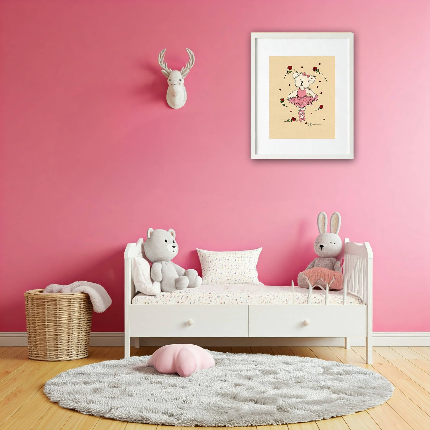 Framed 'Cindy' the Ballerina Pola Bear art print hanging on a vibrant pink wall in a girl's bedroom or nursery, featuring a white bed and deer head decor.