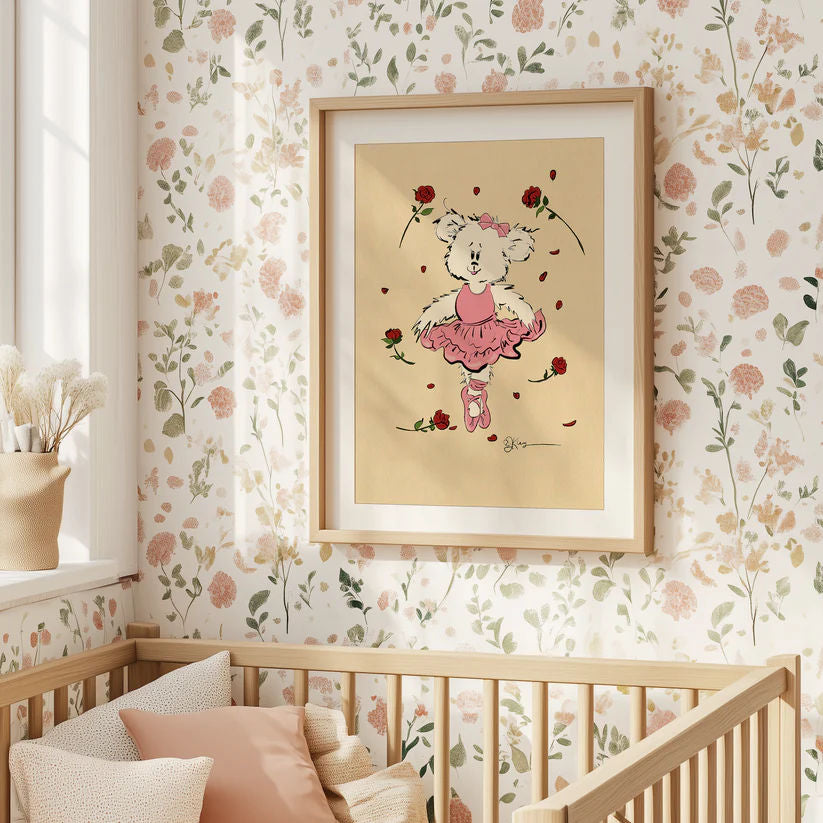 Framed 'Cindy' the Ballerina Pola Bear art print displayed on floral wallpaper above a wooden crib in a charming nursery, perfect for ballet-themed baby decor.