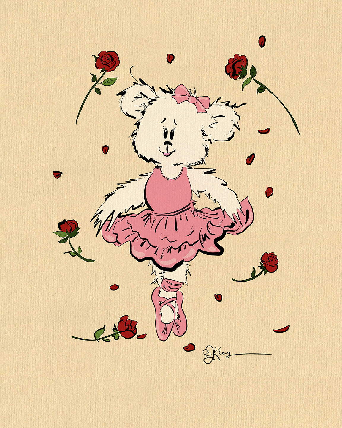 Illustration of a dancing Pola Bear wearing a pink tutu, ballet shoes, and a bow. Perfect for kidsroom decor, the bear is surrounded by red roses and petals on a beige background.