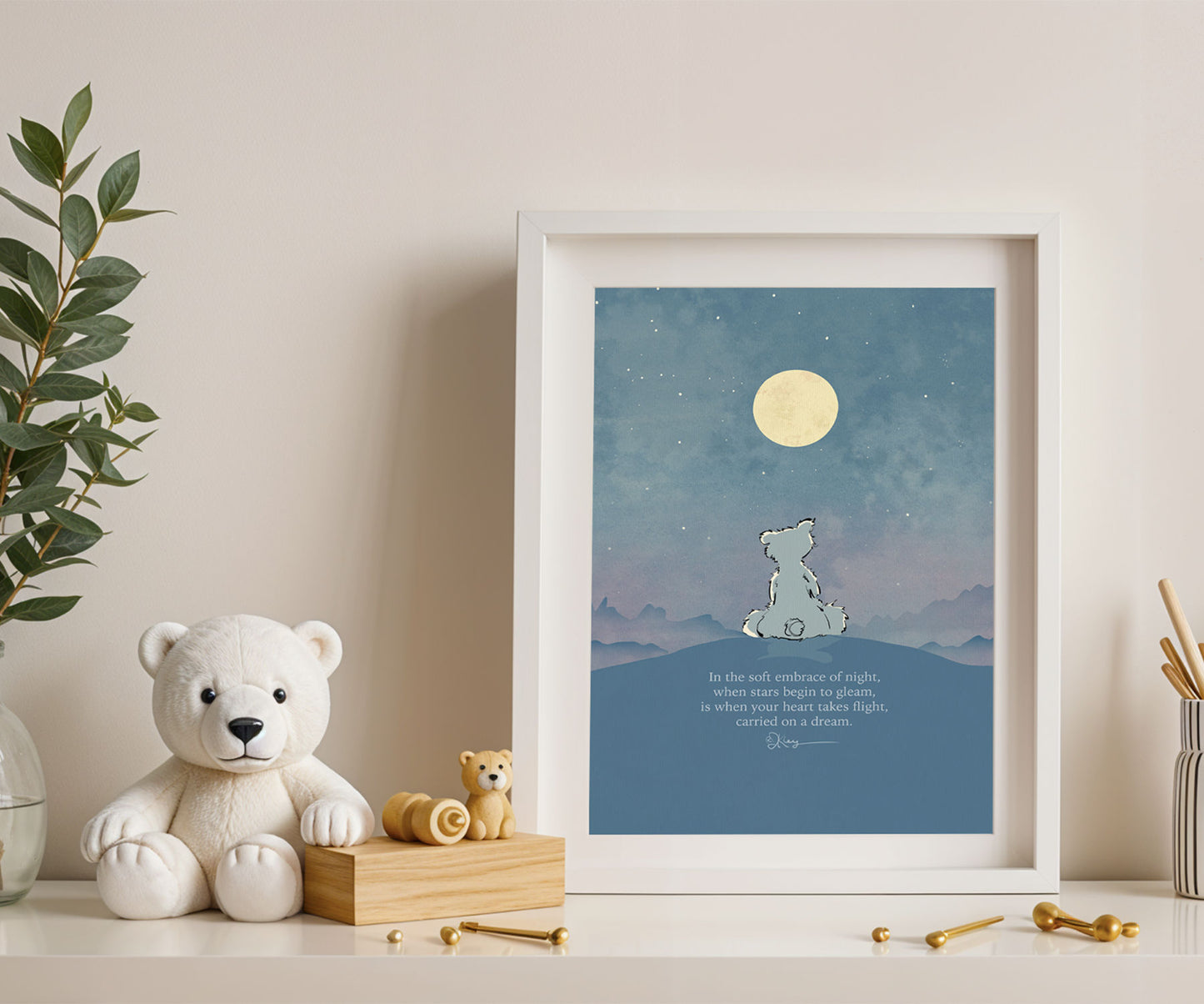 A whimsical framed art print for a child's bedroom or nursery, featuring a cute Pola Bear looking up at the moon and stars, with the poem "In the soft embrace of night, when stars begin to gleam, is when your heart takes flight, carried on a dream." The print is shown in a white frame, placed on a dresser next to a stuffed white teddy bear and a vase with greenery.