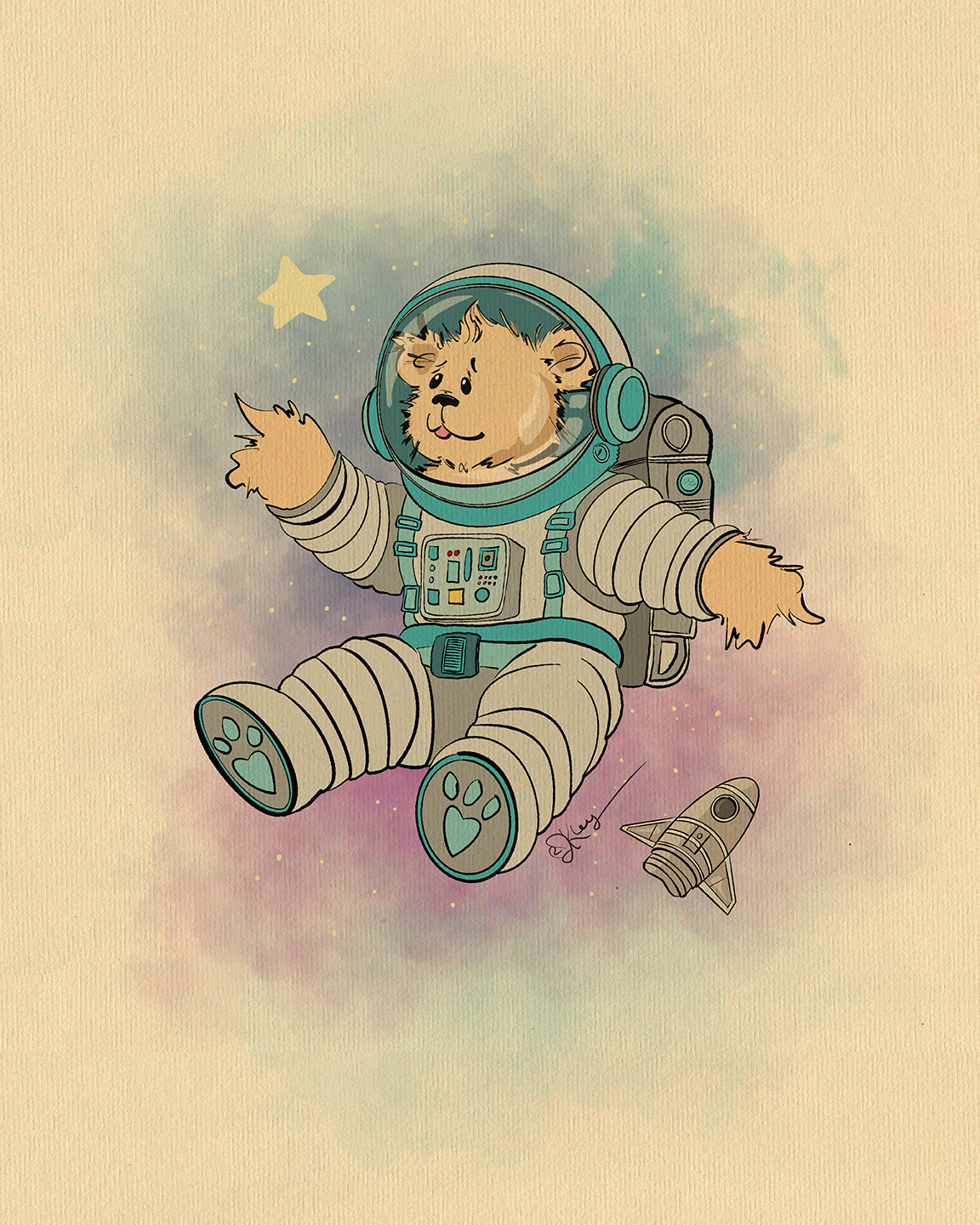 A Pola Bear in a space suit floats in a pastel-colored galaxy, reaching for a star. Nearby, a small spaceship hovers. The dreamy background of soft blue,
purple, and pink hues makes it perfect nursery art for any kids room with a love for space.