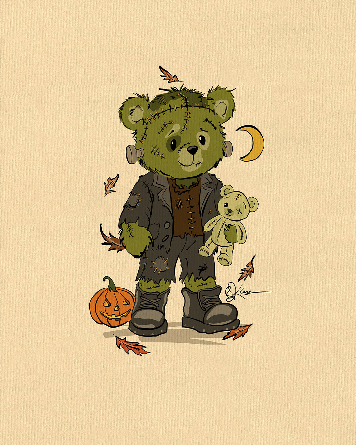 A charming illustration of a green Pola Bear character named Fred, dressed as Frankenstein's monster, holding a teddy bear. A jack-o'-lantern and autumn leaves are on the ground.