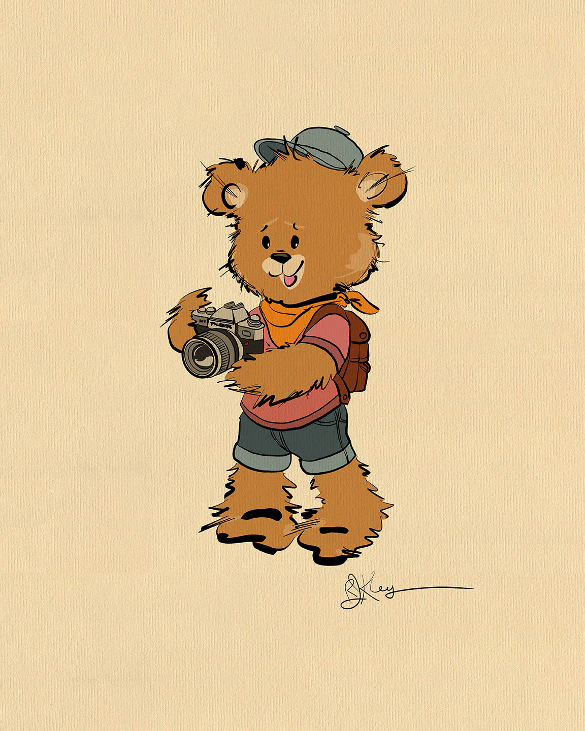 A Pola Bear wearing a cap, shorts, and a backpack holds a camera, capturing moments of its favorite hobbies. Smiling with a bandana around its neck, this whimsical character stands against a plain background—a delightful piece of kidsart.