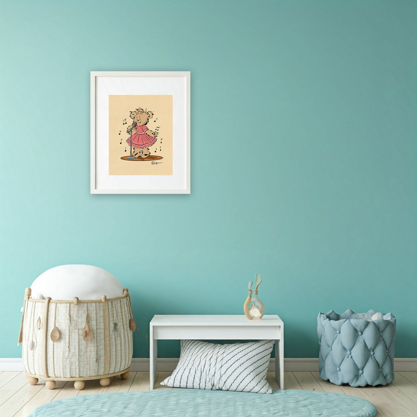 Framed 'Jan' the Singer Pola Bear art print hanging on a light blue wall in a child's room or play area, featuring a woven basket and small table