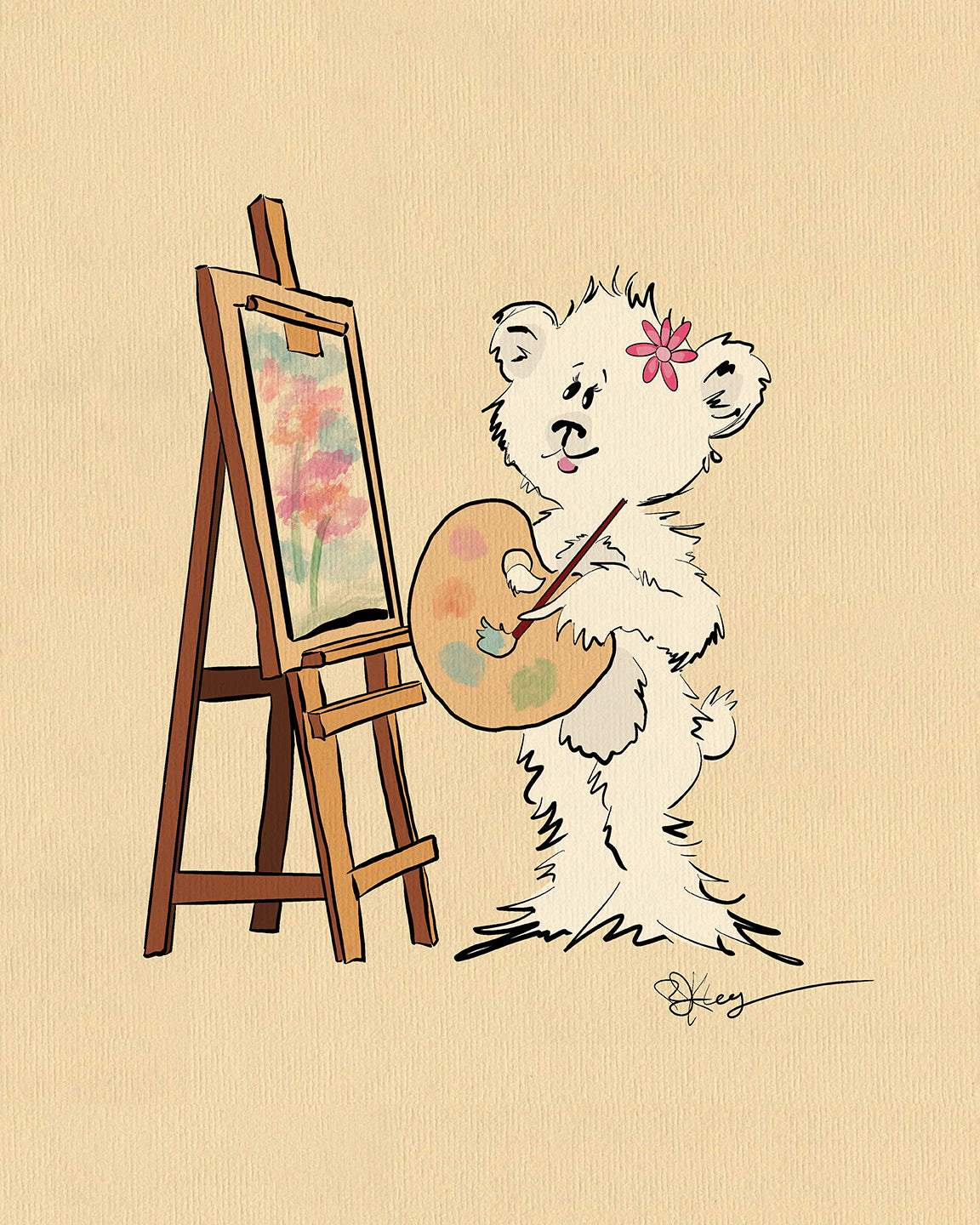 A fluffy Pola Bear with a pink flower behind its ear stands at an easel, creating a vibrant nursery print. It holds a paintbrush and palette, fully immersed in its painting of a colorful landscape. The background is a textured beige canvas.