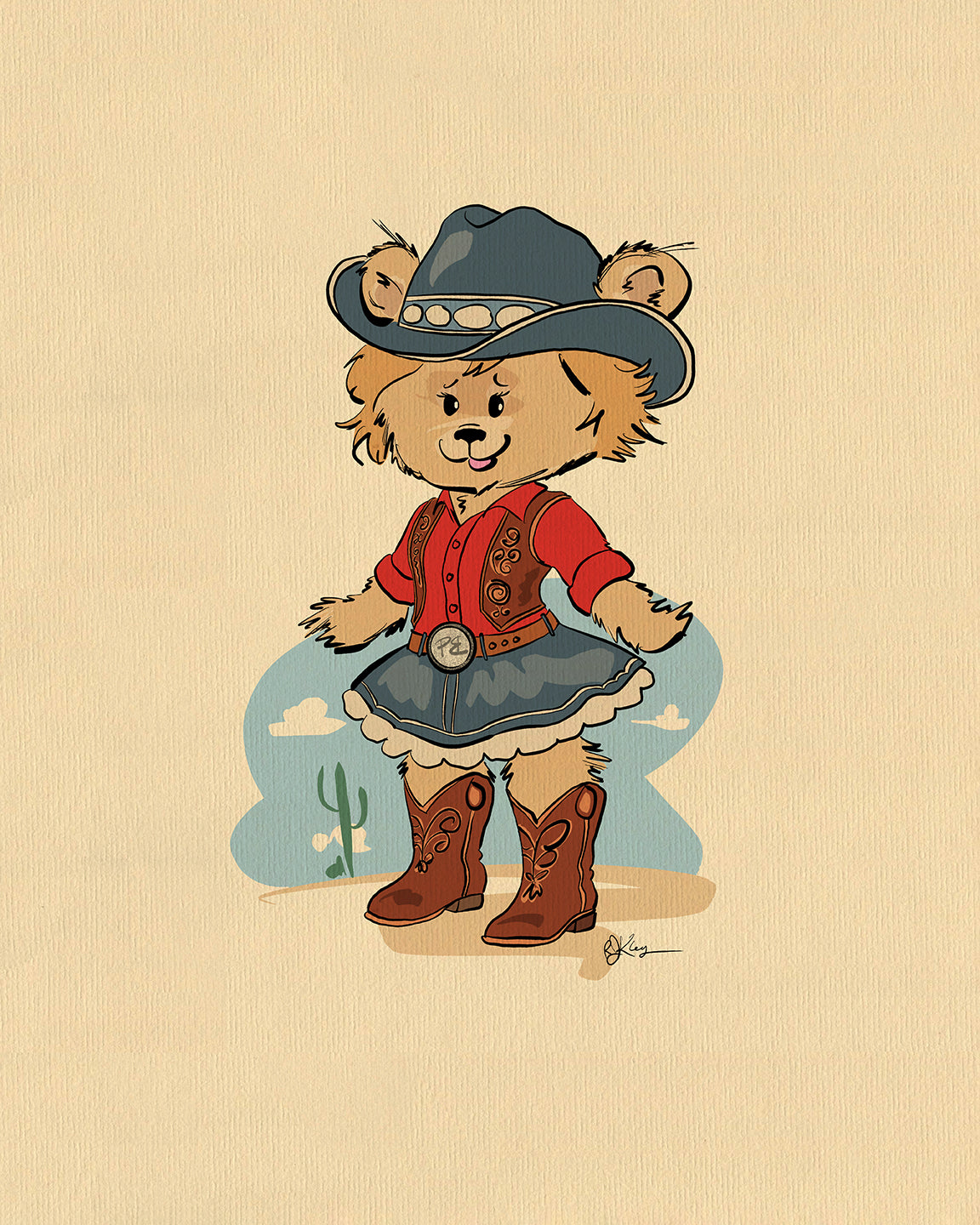 Illustration of a cute Pola Bear dressed as a cowgirl, wearing a blue hat, red vest, denim-style skirt, and brown boots. The background features
cactus outlines and clouds on a textured beige canvas—perfect for adding charm to kids decor with its western flair.