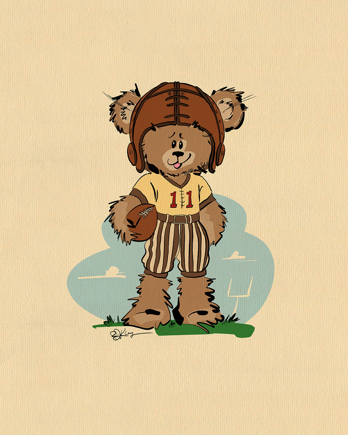 A Pola Bear, perfect for kids room decor, sports a vintage football helmet and uniform while holding a brown football. Its yellow jersey boasts the
number 11 against a backdrop of a simple sky and goalpost.