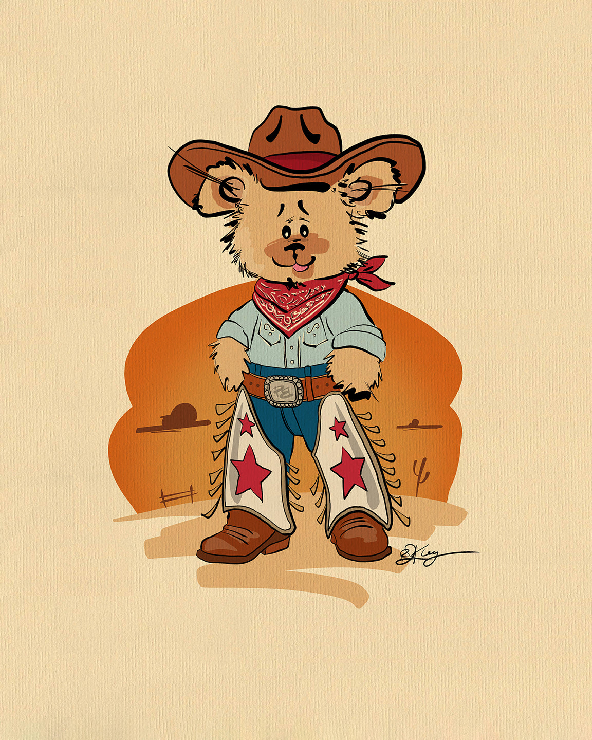 Illustration of a cowboy Pola Bear wearing a brown hat, red bandana, blue shirt, and white chaps with red stars. The western backdrop features
a desert scene with cacti and an orange sun—perfect for brightening up kidsroom or adding charm to kidsdecor.