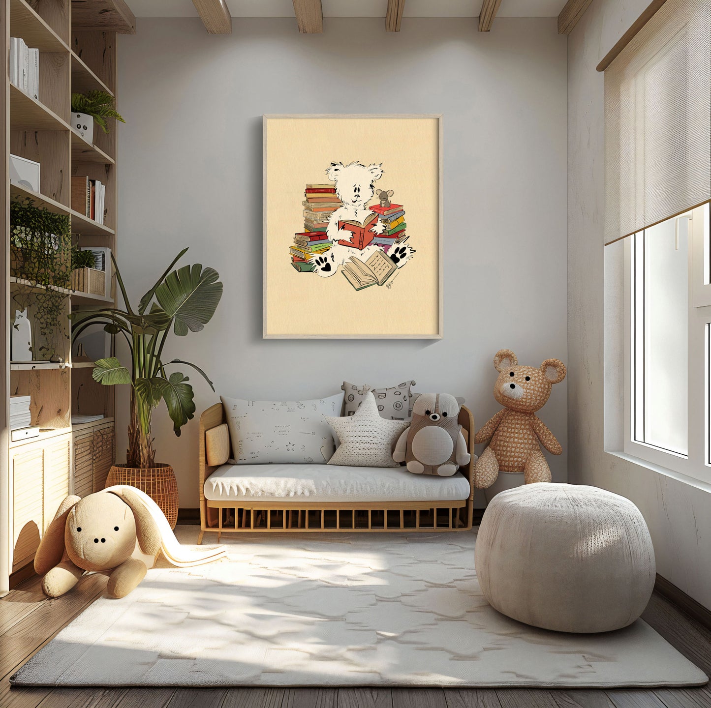 Pola Bear Oliver framed nursery art displayed in a bright children's reading nook with stuffed animals, bookshelves, indoor plants, and soft natural lighting.