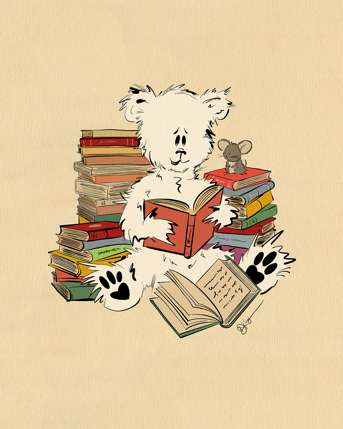 A fluffy white Pola Bear sits in a kids room, reading a red book amidst stacks of colorful stories. On its shoulder, a small gray mouse with glasses reads along. The plain beige background adds a calm touch to this charming nursery decor scene.