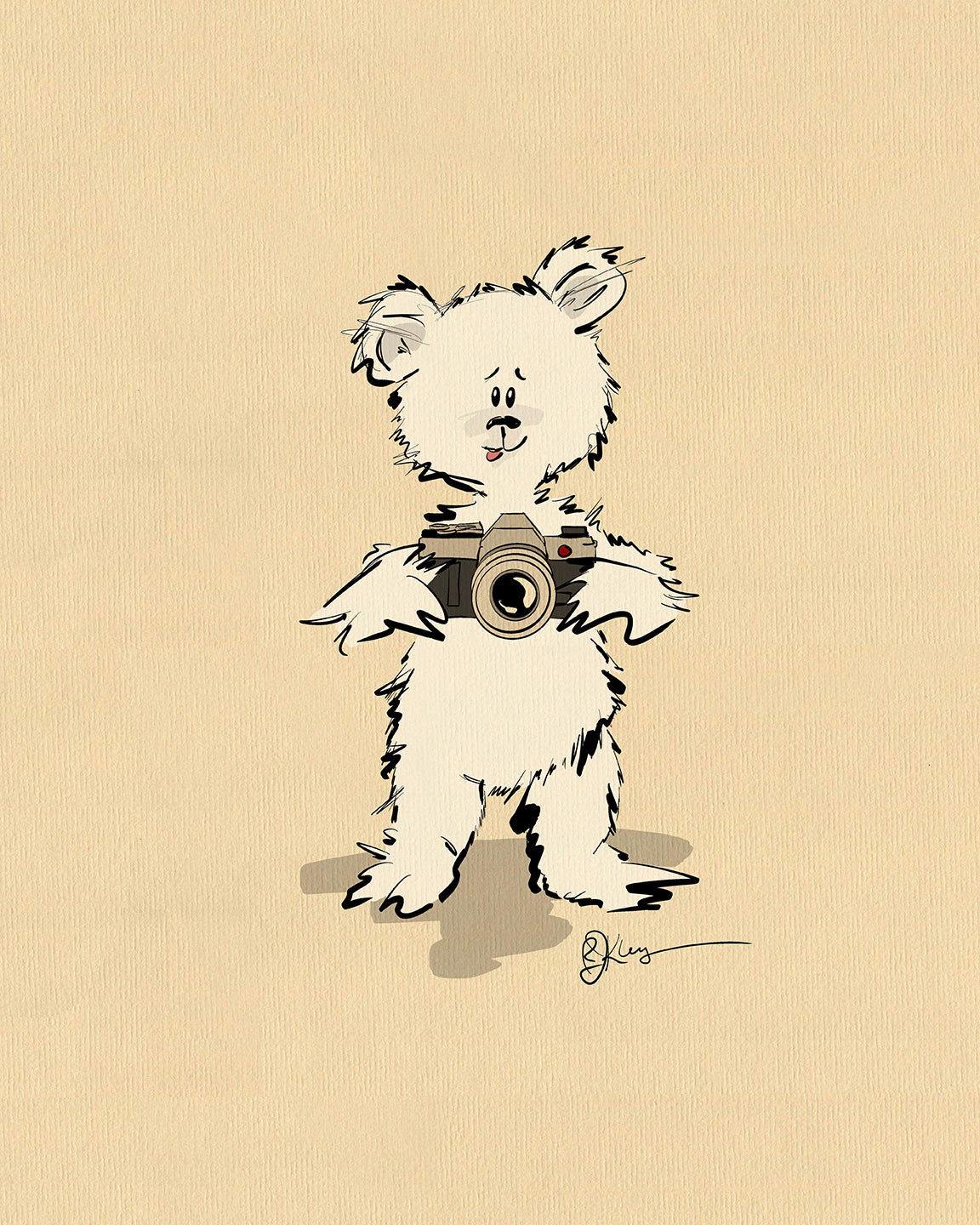 A cartoonish, fluffy white Pola Bear stands on its hind legs, holding a vintage camera. The plain beige background complements the nursery art vibe, while the bears curious expression and whimsical, sketched style bring a playful touch to this delightful scene.