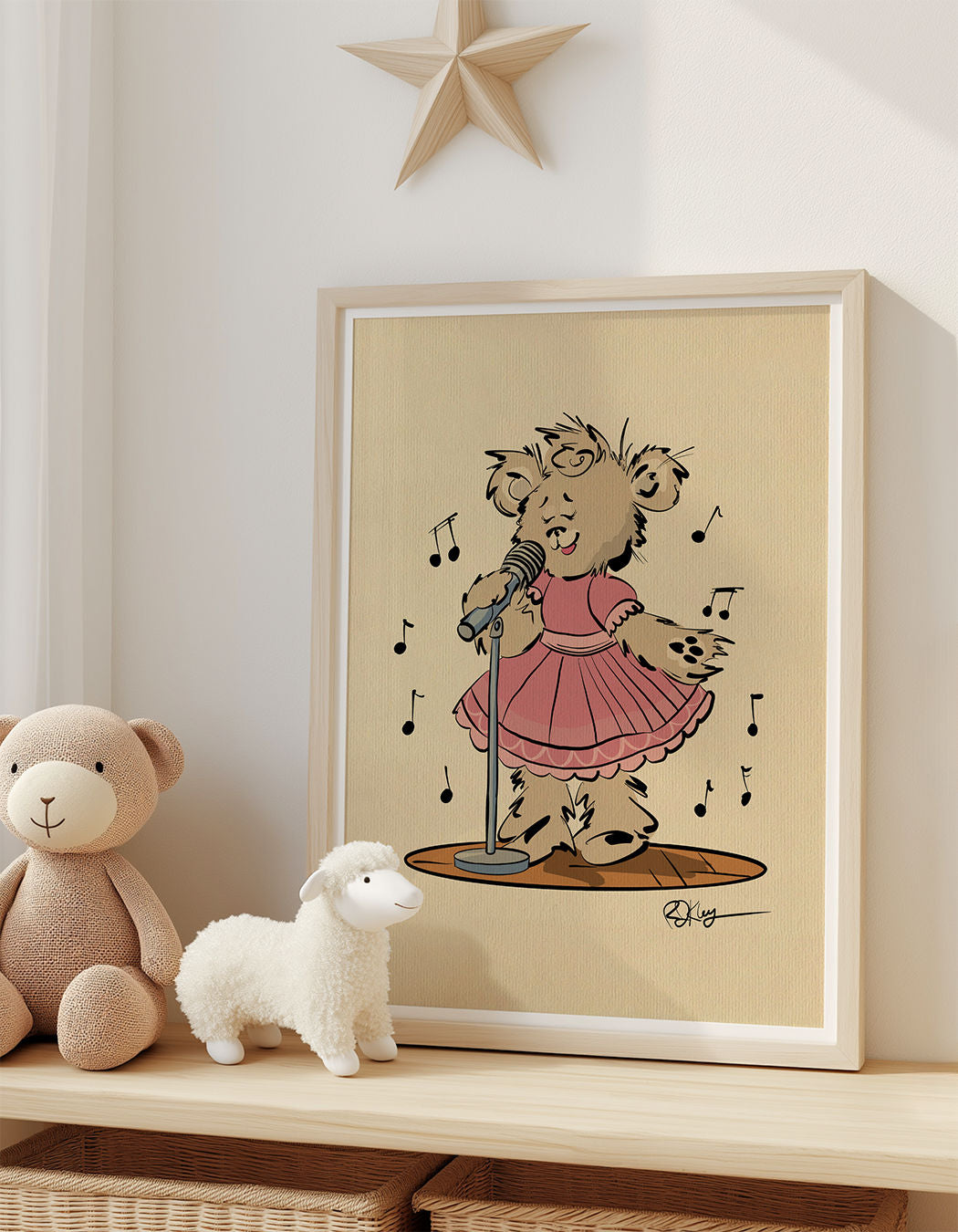 Lifestyle image of the 'Jan' the Singer Pola Bear print, a whimsical music-themed illustration, adding charm to a cozy nursery or playroom setup.