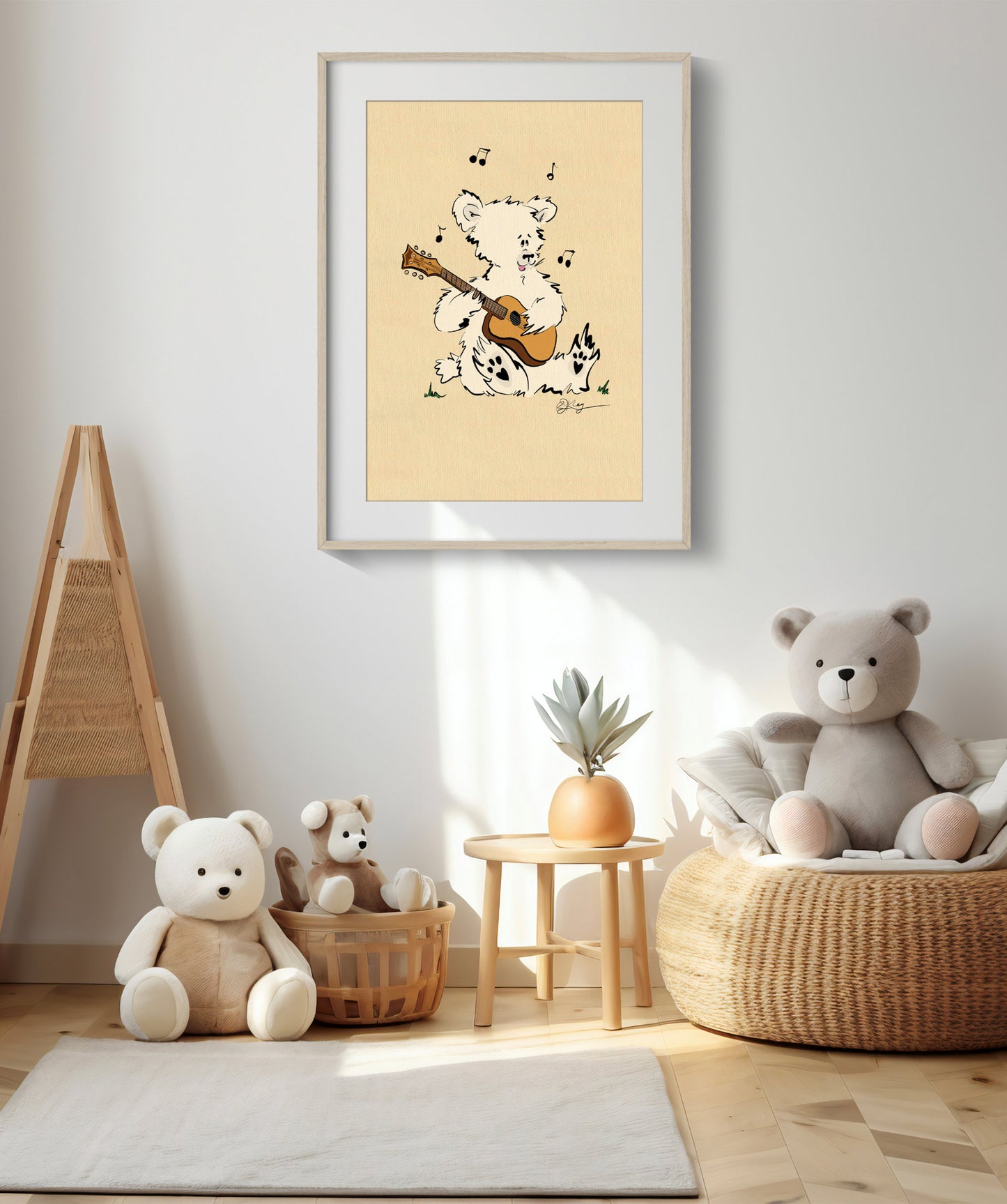 Framed 'Ritchie' the Acoustic Pola Bear art print displayed on a white wall in a bright, cozy nursery or playroom with stuffed bears and natural wood decor.