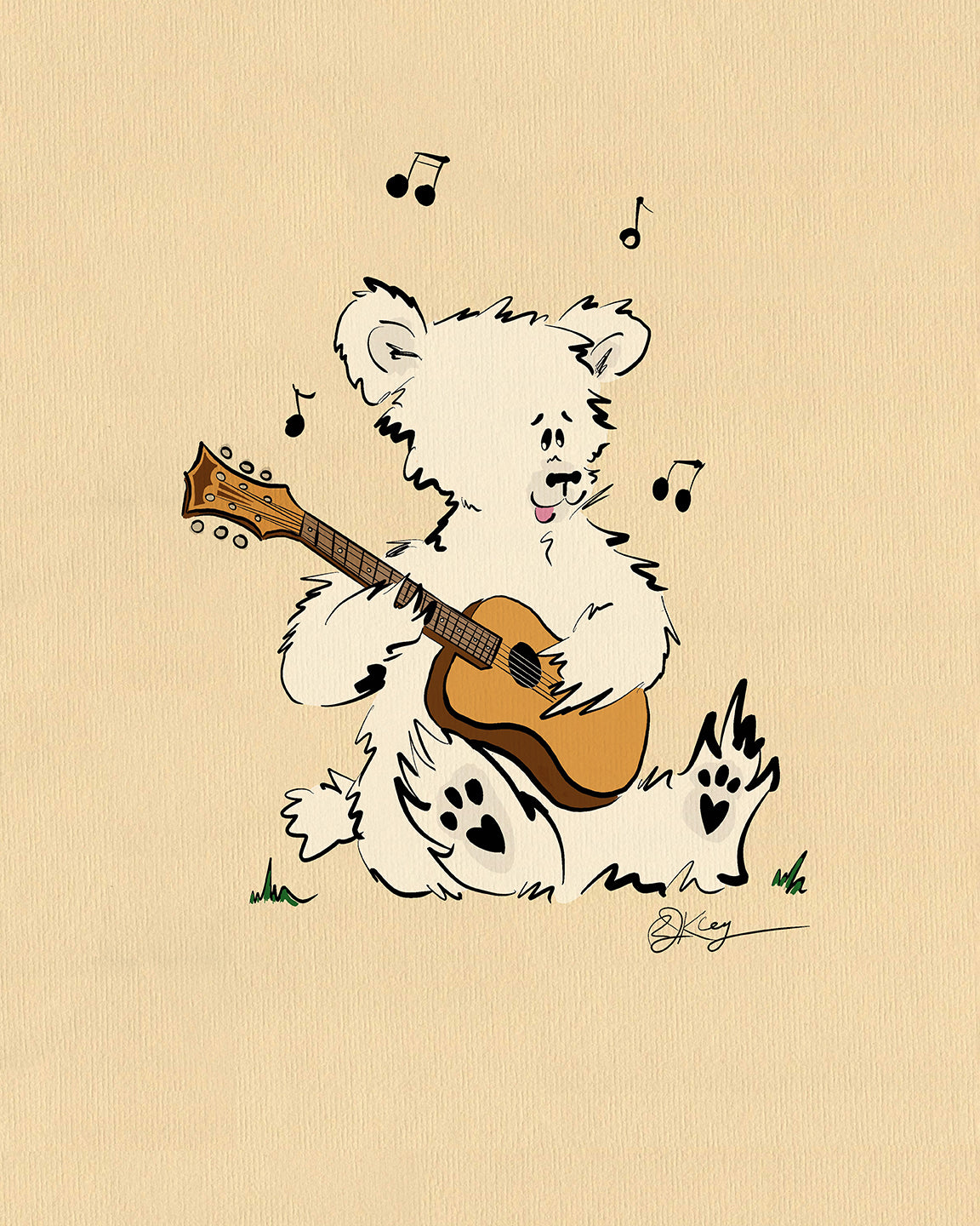 A fluffy white Pola Bear, skilled musician at heart, sits on the grass playing a guitar. Music notes float around its head, creating a cheerful melody. This charming scene adds a playful touch to nursery decor against a plain beige background.