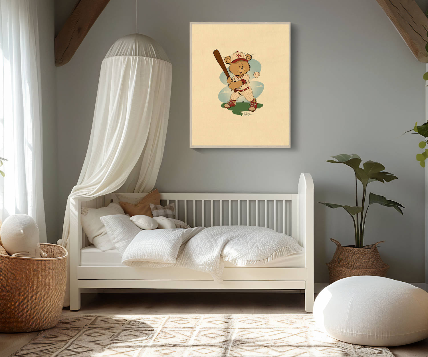 A framed art print of Benny the Baseball Batter Pola Bear hanging on a light gray wall in a serene and minimalist nursery. The room features a white crib, a canopy bed drape, a potted plant, and a large woven basket.