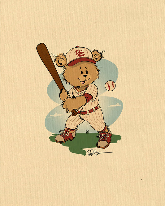Illustration of Benny the Baseball Batter Pola Bear, wearing a classic pinstripe baseball uniform and cap, holding a wooden bat in a batting stance.