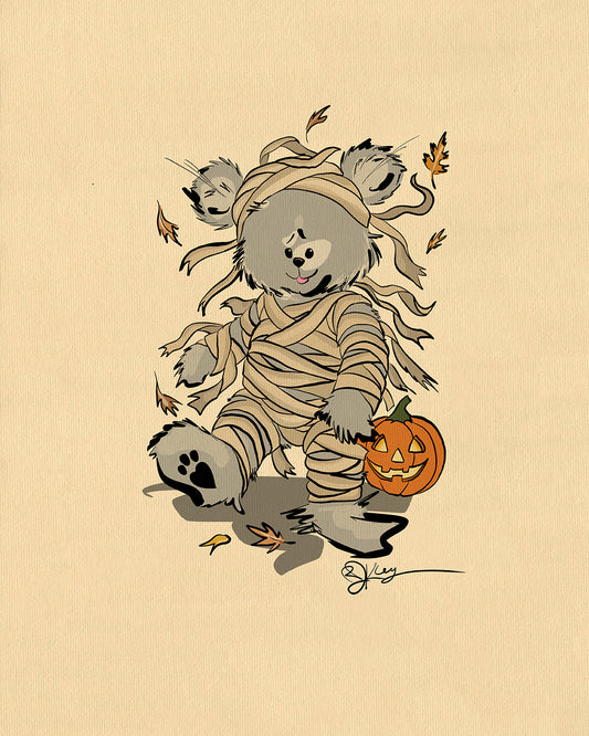 A charming illustration of a Pola Bear character named Boris, dressed as a mummy with a jack-o'-lantern, on a beige background with falling autumn leaves.
