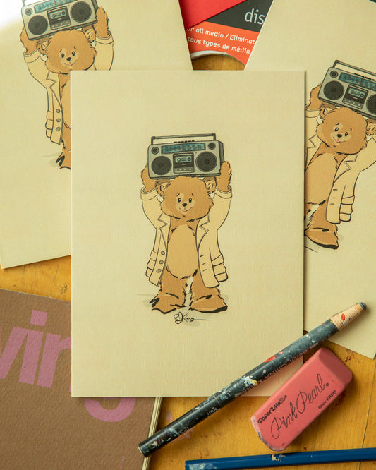 Hand-drawn vintage-style greeting card showing a Pola Bear character holding a retro grey boombox over his head in a romantic 80s movie tribute. A "Thinking of You" illustration by artist Robert John Kley.