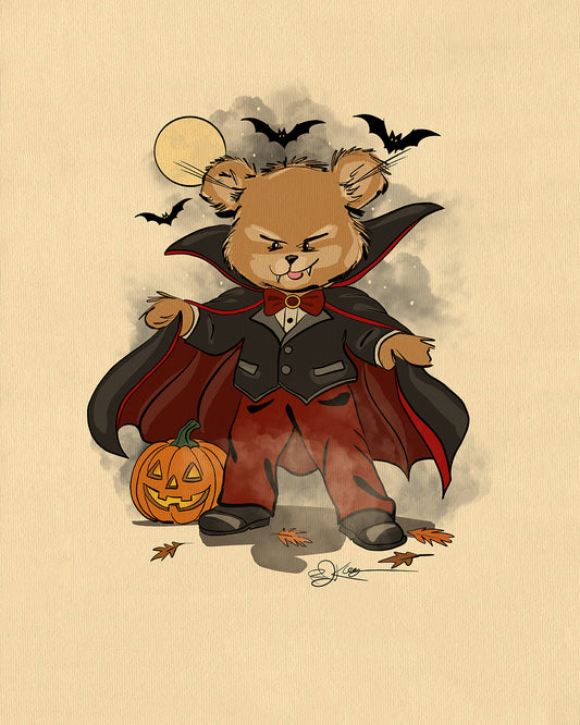 An illustration of a Pola Bear named Christopher, dressed as a vampire with a cape and bow tie, with a full moon, bats, and a jack-o'-lantern.