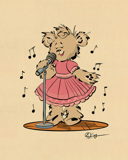 Illustration of a Pola Bear in a pink dress, singing into a microphone on a stand. Musical notes float around, infusing the scene with melody. 