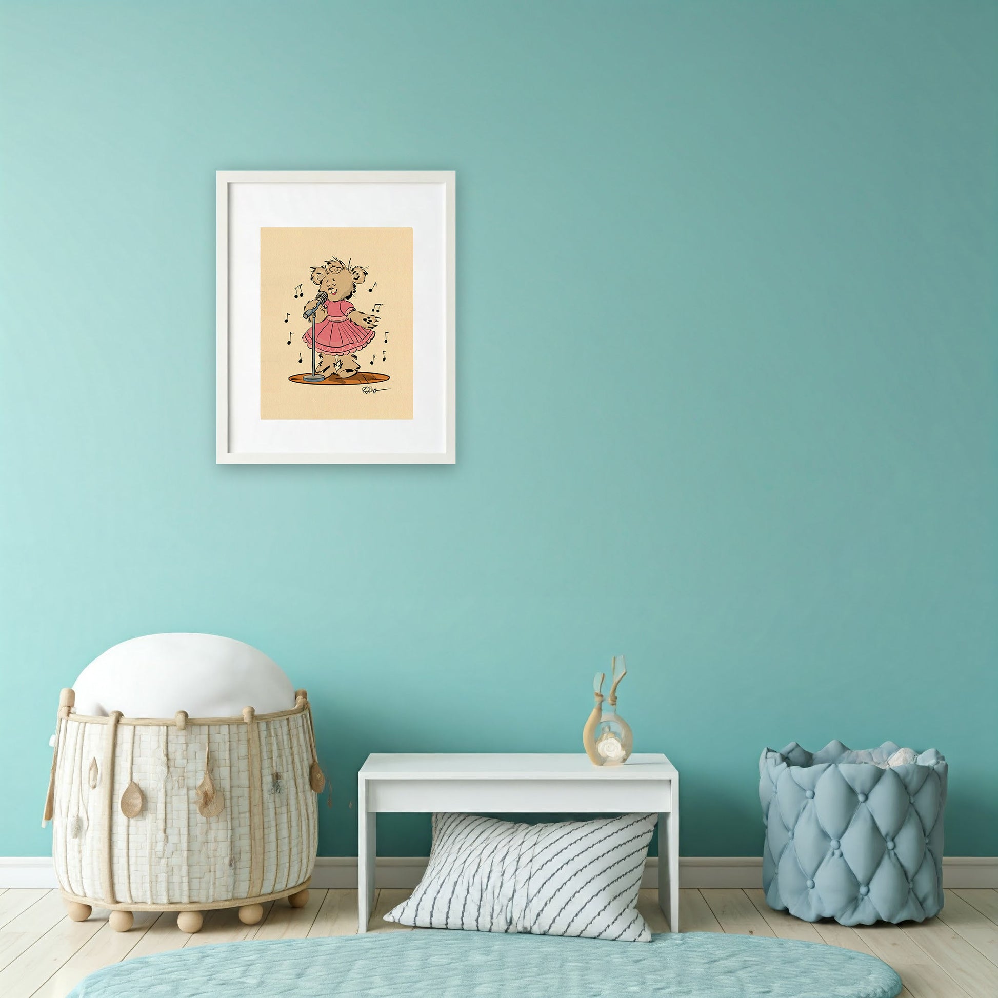 Framed 'Jan' the Singer Pola Bear art print hanging on a light blue wall in a child's room or play area, featuring a woven basket and small table