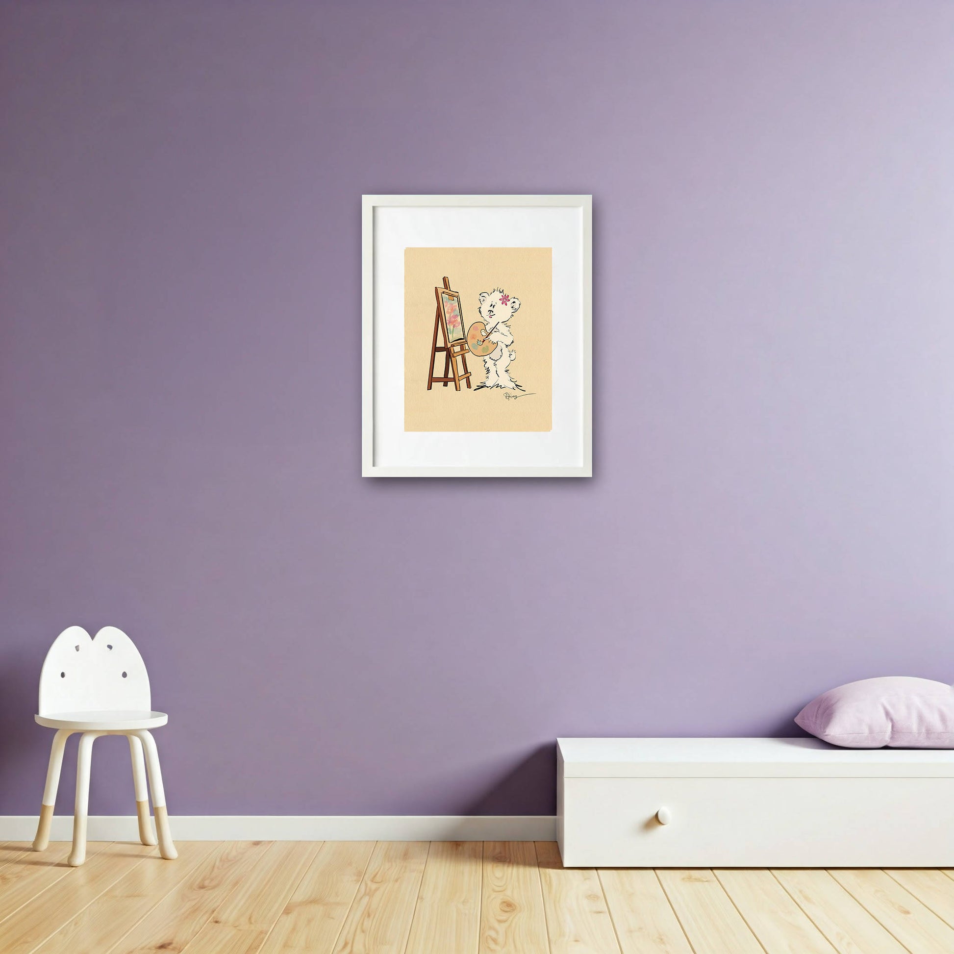 The Julie Pola Bear print, in a clean white frame, adds a creative touch to a playful child's room with a vibrant purple wall. The print is styled above a white bench and a modern bunny-ear chair.