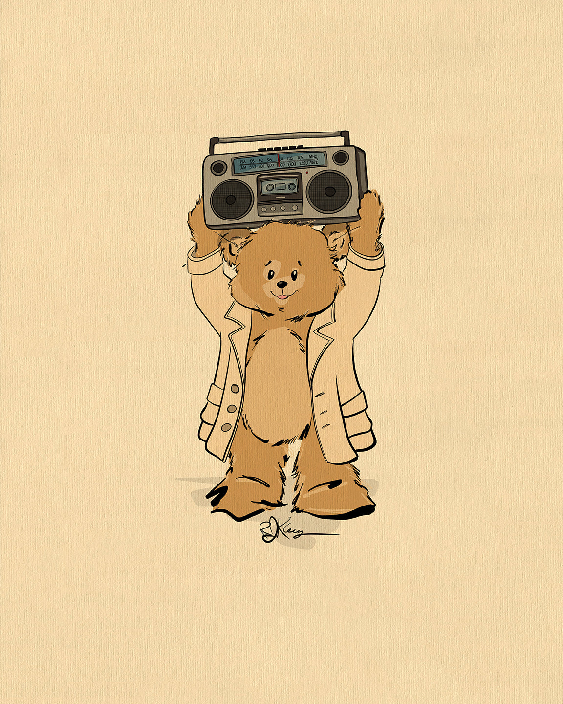 Illustration of Lloyd the Boombox Pola Bear, wearing a trench coat and holding a vintage boombox over his head, referencing a classic movie scene.
