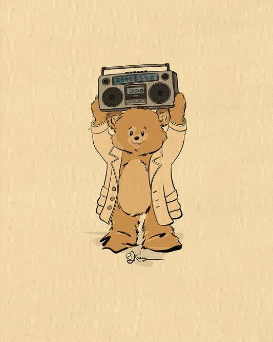Illustration of Lloyd the Boombox Pola Bear, wearing a trench coat and holding a vintage boombox over his head, referencing a classic movie scene.
