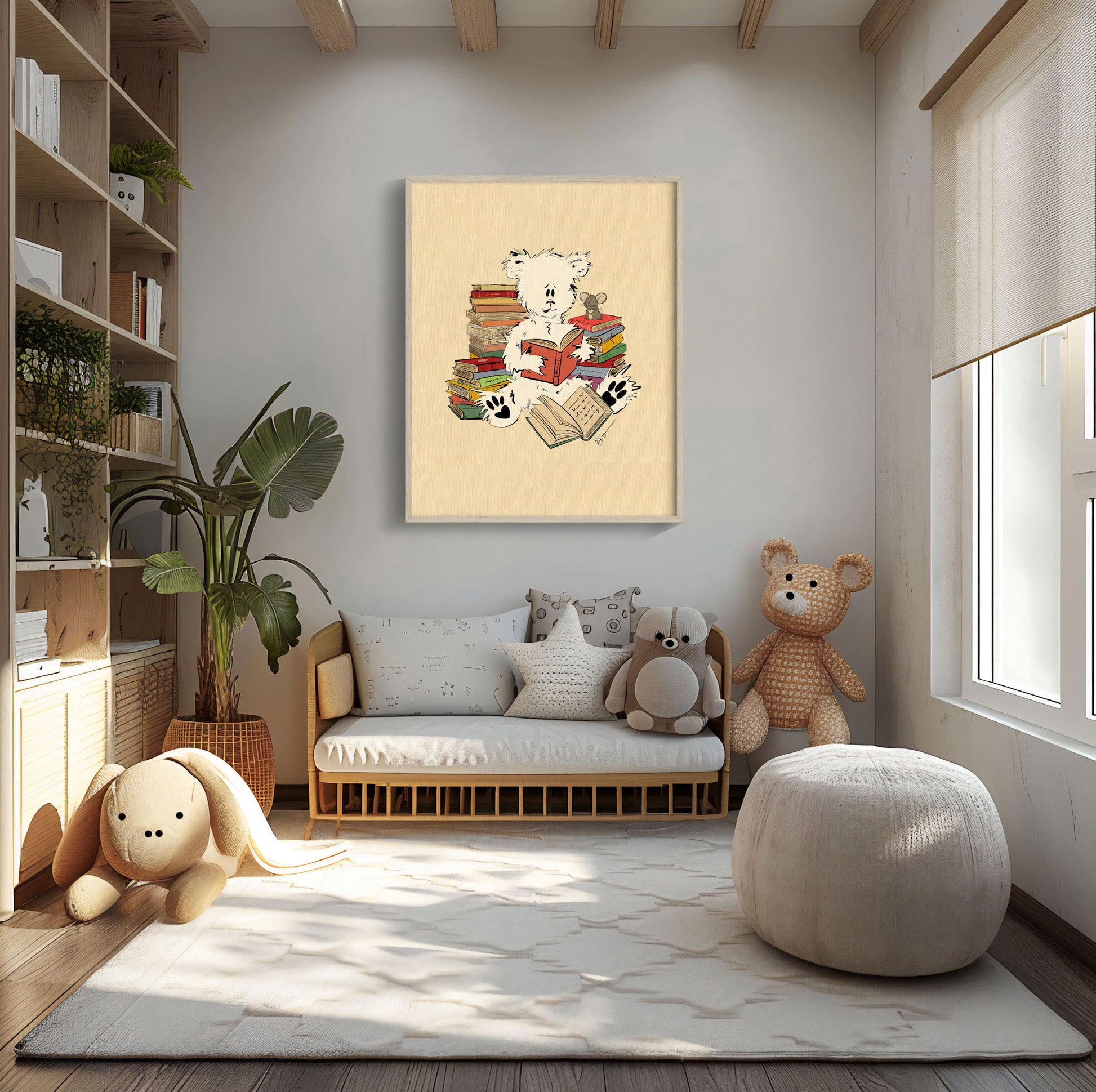 Pola Bear Oliver framed nursery art displayed in a bright children's reading nook with stuffed animals, bookshelves, indoor plants, and soft natural lighting.