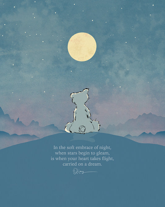 Whimsical art print featuring a "Dream" Pola Bear under a starry night with a calming poem.