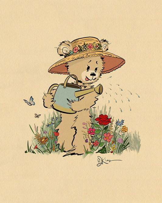 This charming illustration features a Pola Bear in a straw hat, tending to her colorful flower garden with a tiny watering can. Perfect for nursery art, 
the scene showcases butterflies flitting playfully, capturing the essence of a springtime atmosphere ideal for any kids room.