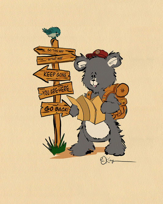A Pola Bear wearing a red cap and backpack holds a map, standing near a signpost with multiple arrows: “Go This Way,” “Go That Way,” “Keep Going,”
 “You Are Here,” and “Go Back!” A small blue bird is perched on the signpost, adding whimsy to this charming nursery print about dreams and travel.
