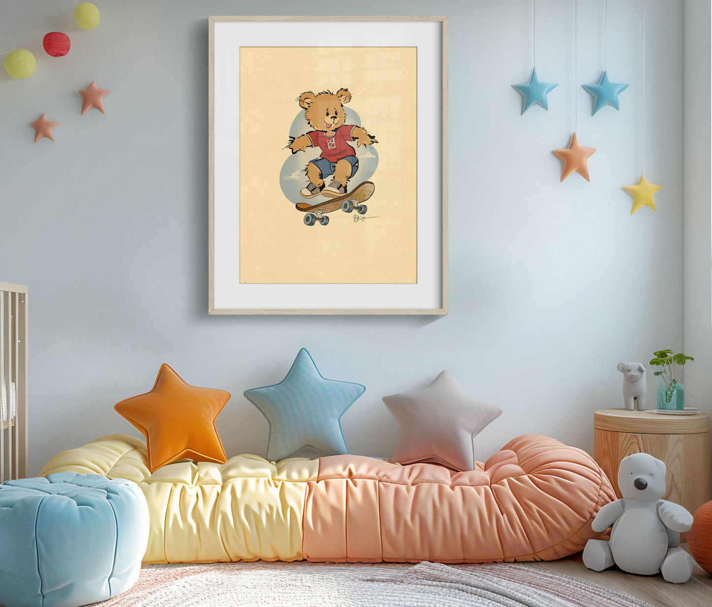 Lifestyle image of the Radley the Skateboarder Pola Bear print, shown as wall decor in a whimsical kid's room with star garlands and soft pillows.