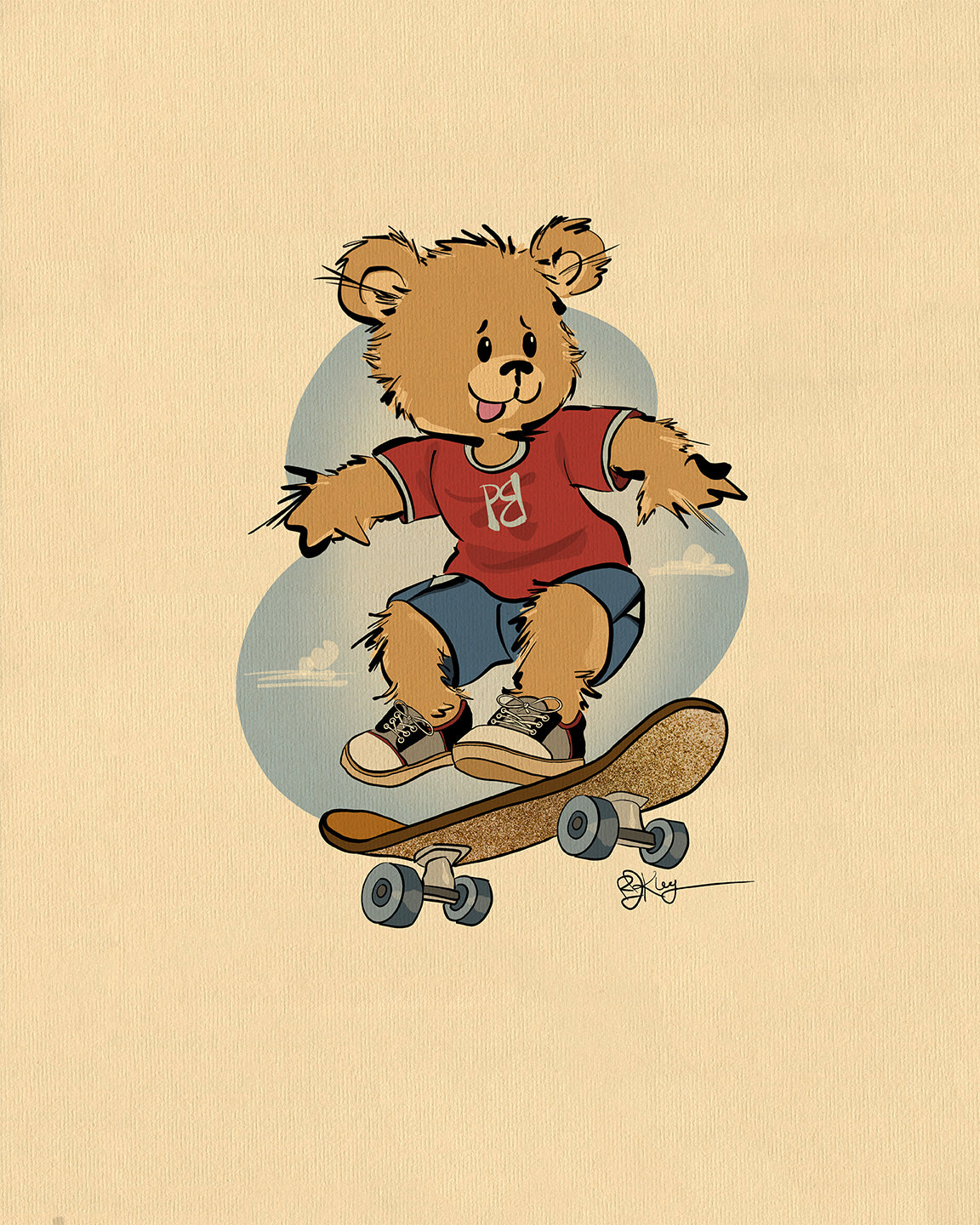 Illustration of Radley the Skateboarder Pola Bear, a friendly Pola Bear cub in a red shirt and denim shorts, jumping on a skateboard against a light blue background. Perfect for kids' room wall art or nursery decor.