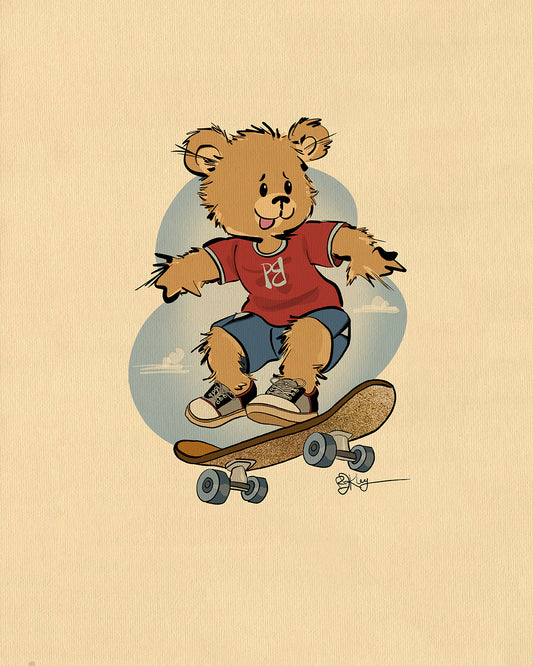 Illustration of Radley the Skateboarder Pola Bear, a friendly Pola Bear cub in a red shirt and denim shorts, jumping on a skateboard against a light blue background. Perfect for kids' room wall art or nursery decor.