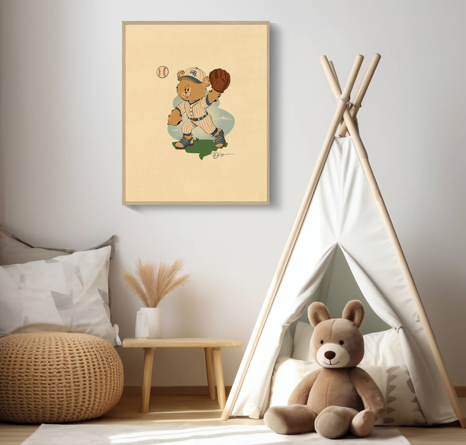 Alt Text for Smalls.jpg (The lifestyle photo in a room)
Detailed & Keyword-Rich: "A framed art print of Smalls the Baseball Player Bear hanging on a white wall in a neutral-toned child's bedroom or play area. The room features a small teepee tent, a stuffed teddy bear, and bohemian-style furniture like a wicker pouf."

Concise & Accessible: "A framed print of a bear in a baseball uniform in a kid's room."

Alternative for Context: "Lifestyle image of the Smalls the Baseball Player Bear print, shown as wall 