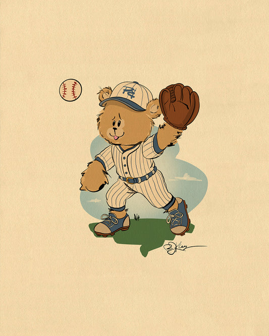 Illustration of Smalls the Baseball Player Pola Bear, wearing a classic pinstripe baseball uniform, cap, and a brown leather baseball mitt, in the act of catching a ball.