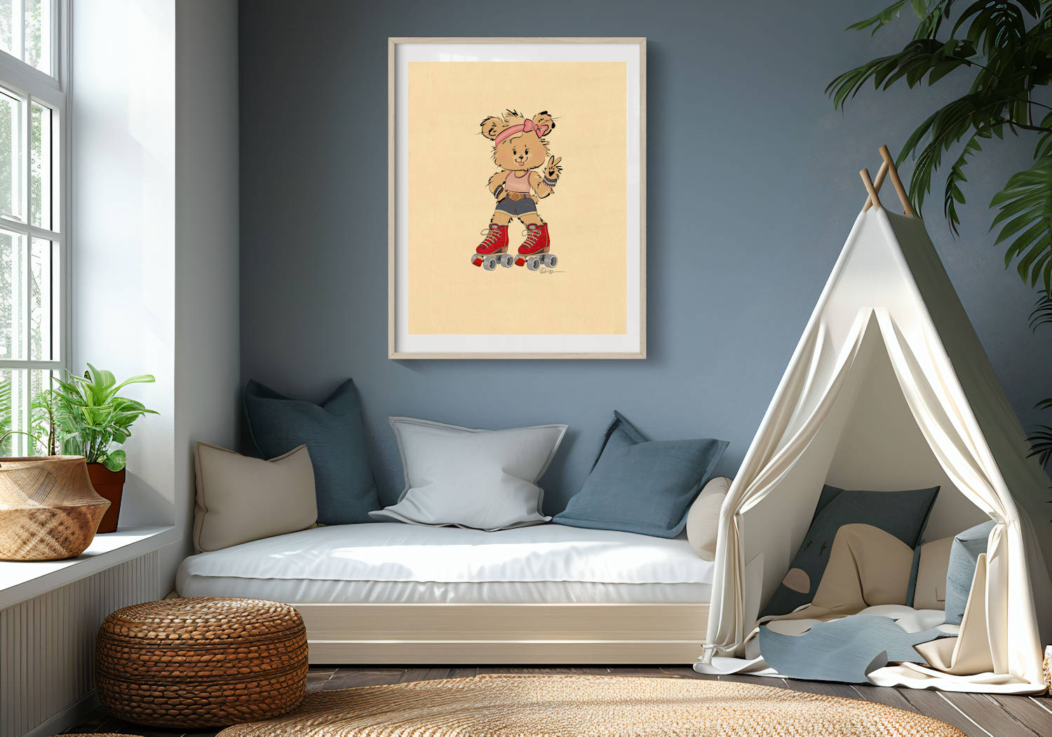 A framed art print of Terra the Roller Skater Pola Bear hanging on a dark blue wall in a cozy, bohemian-style child's room or reading nook. The space features a floor bed with plush pillows, a small teepee tent, and a wicker pouf and rug