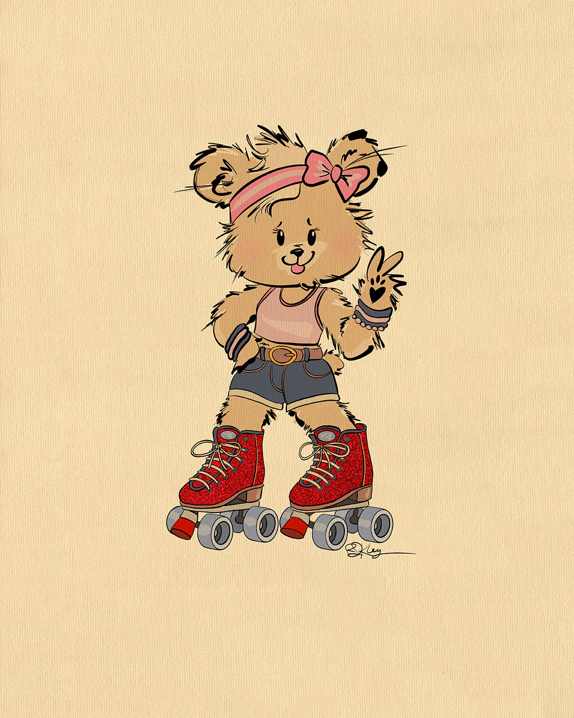 Illustration of Terra the Roller Skater Pola Bear, a brown Pola Bear cub, wearing a pink headband, jean shorts, and red glitter roller skates while giving a peace sign. The art print has a beige, textured background. Perfect for kids' room decor.