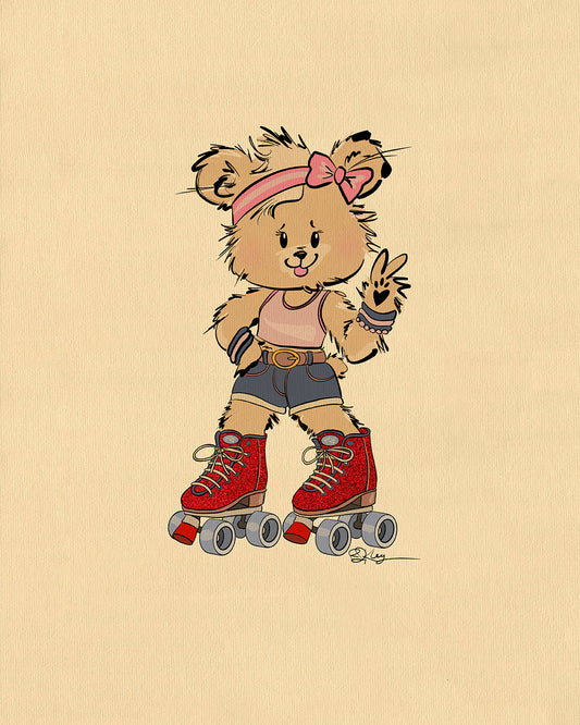 Illustration of Terra the Roller Skater Pola Bear, a brown Pola Bear cub, wearing a pink headband, jean shorts, and red glitter roller skates while giving a peace sign. The art print has a beige, textured background. Perfect for kids' room decor.