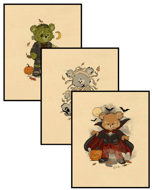 A three-piece art print set featuring a Pola Bear as Frankenstein's monster, another as a mummy, and a third as a vampire, all with Halloween themes and a beige background.